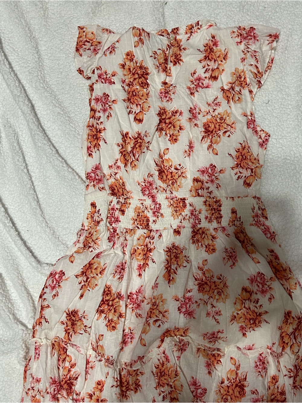 LOFT White Floral Smocked Waist Dress with Pink & Orange Blooms